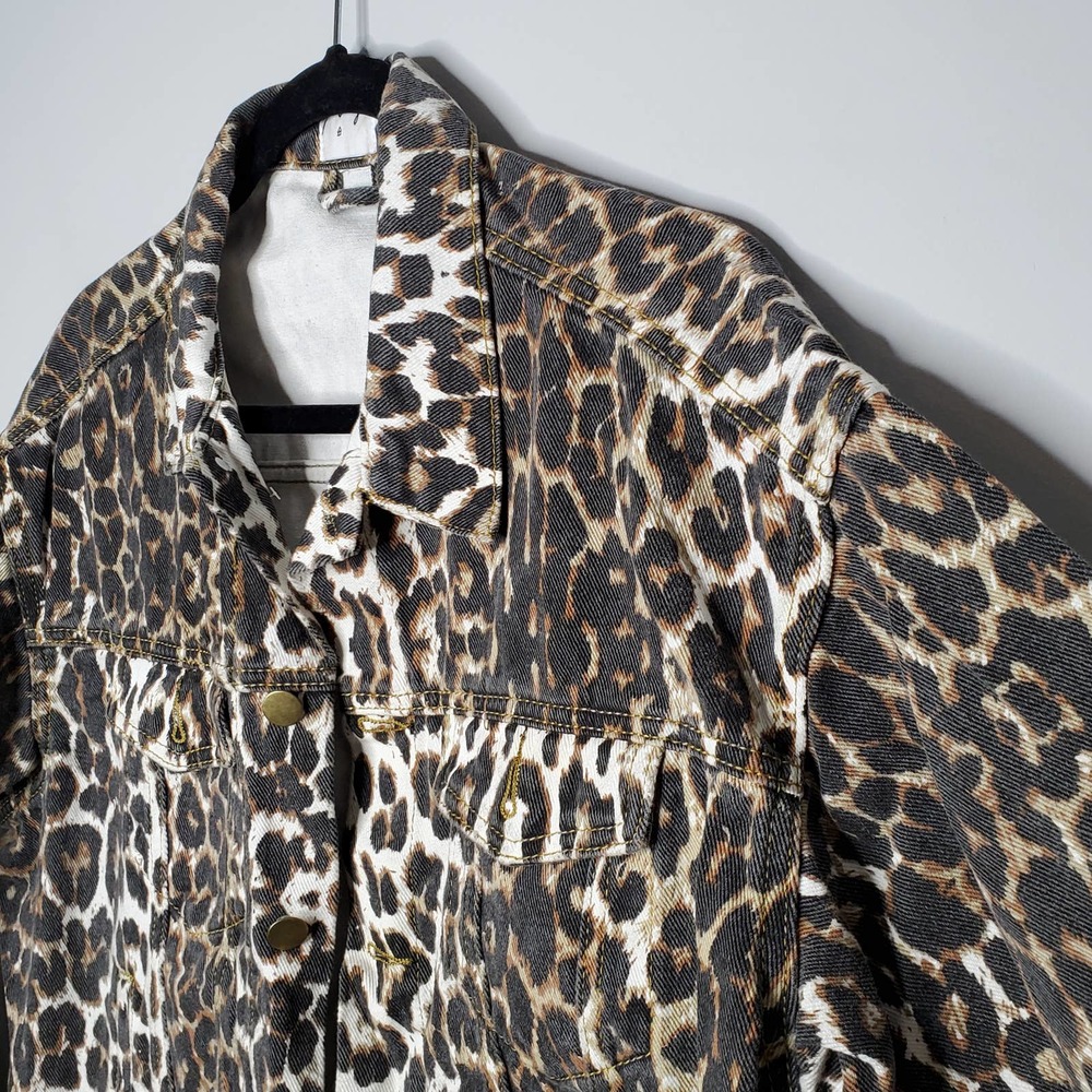 PRINCESS POLLY Brown Black Leopard Animal Print Denim Jacket Sz 6 - Picture 4 of 7